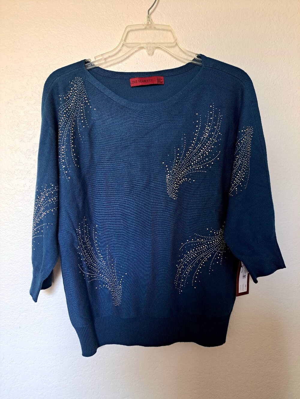 Blue Embellished Women's Top Love Scarlett 3/4 Sleeve Rayon Blend Scoop Neck